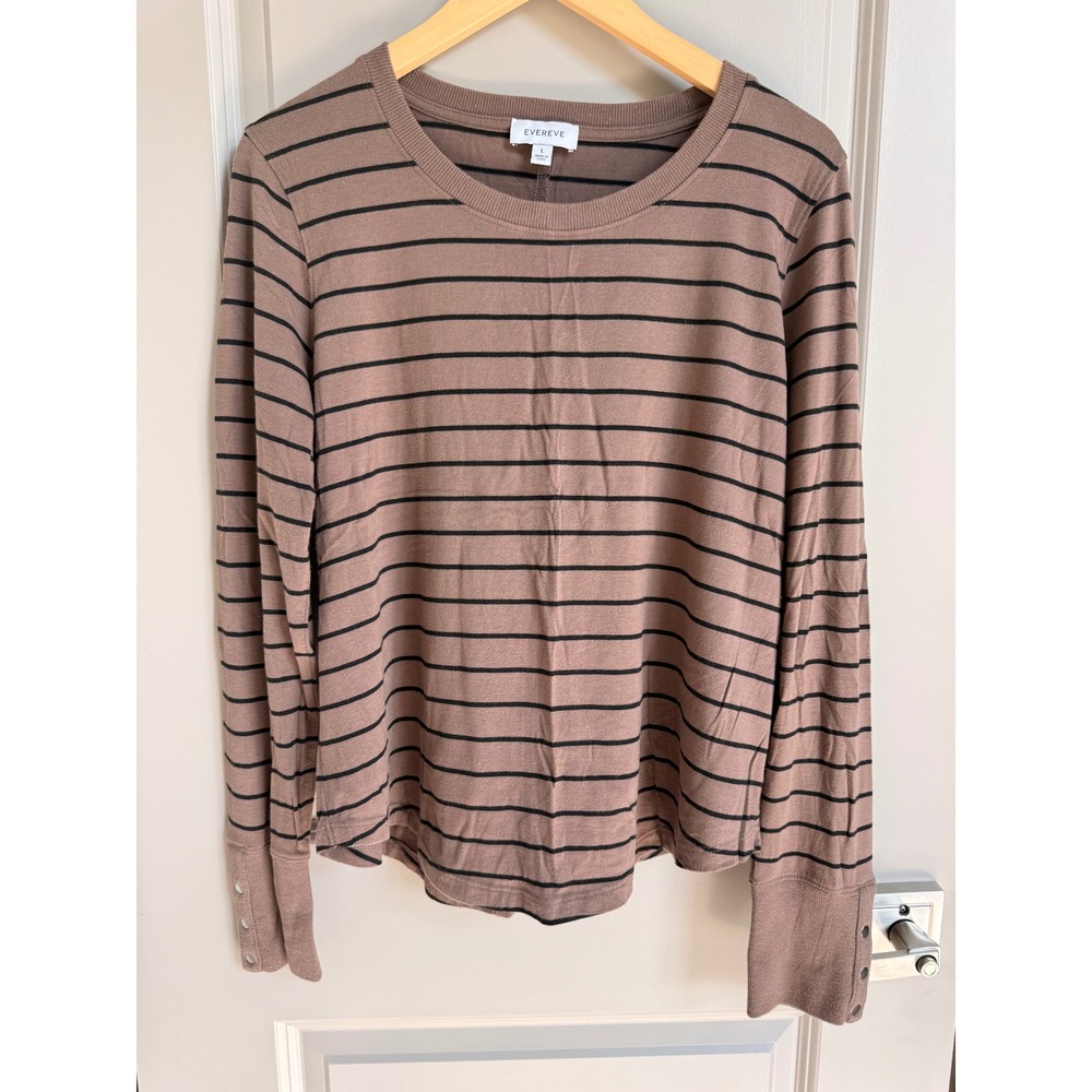 Evereve Womens Brown Black Striped Long Sleeve Top Snap Cuffs Size L